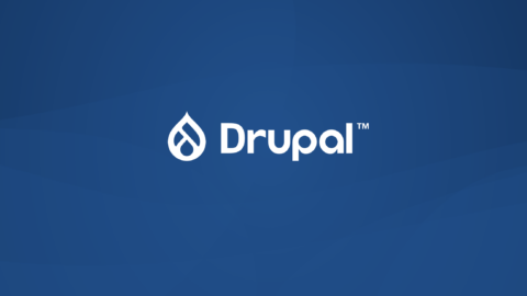 White Drupal logo on a blue background.