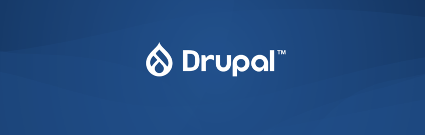 White Drupal logo on a blue background.