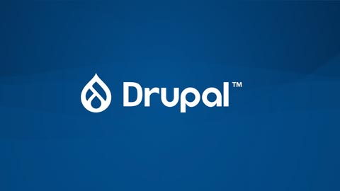 Drupal text on blue background.