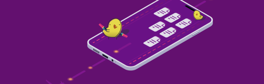 Perch mascot on a cartoon phone.